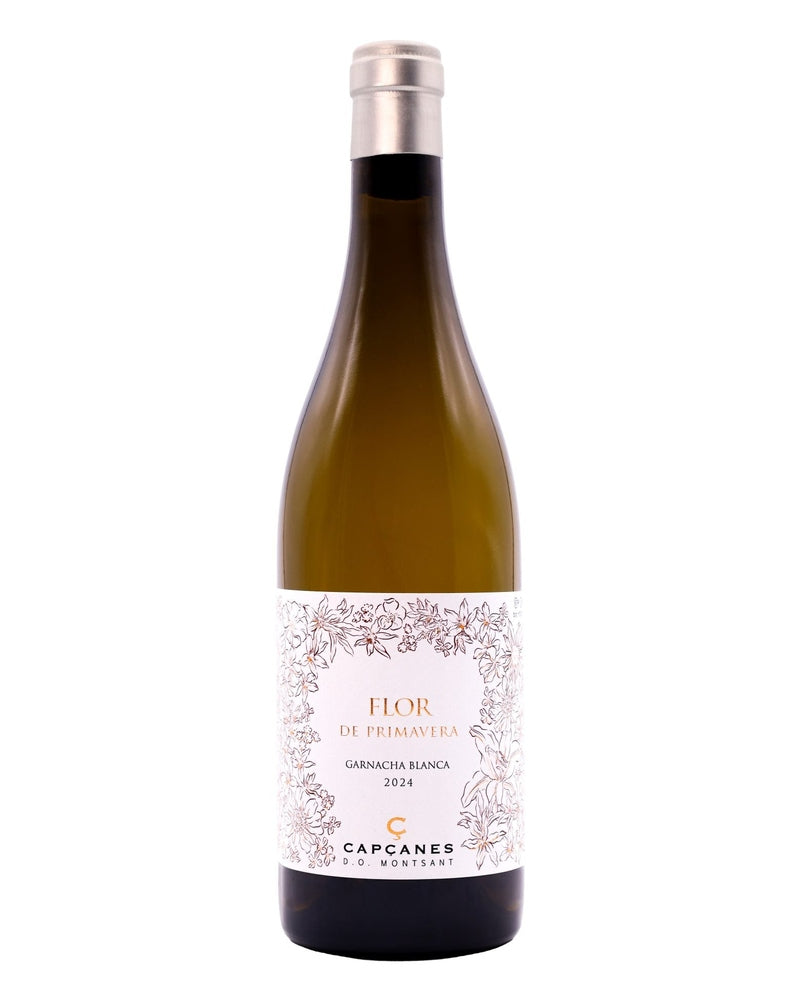 Weißwein Flor de Primavera Weißwein von Celler de Capçanes in einem Weinglas, helles goldenes Erscheinungsbild, frischer Wein.