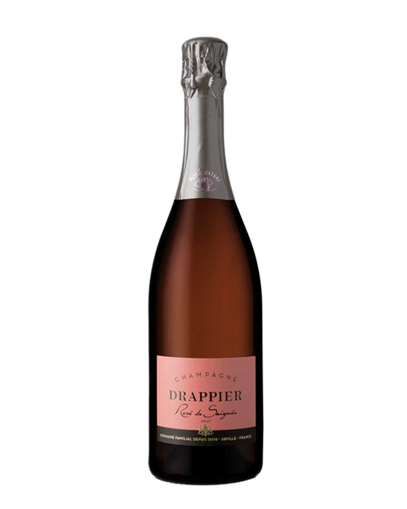 Flasche Rosé de Saignée Extra Brut Schaumwein von Drappier, elegant rosa Farbe und edles Design sichtbar.