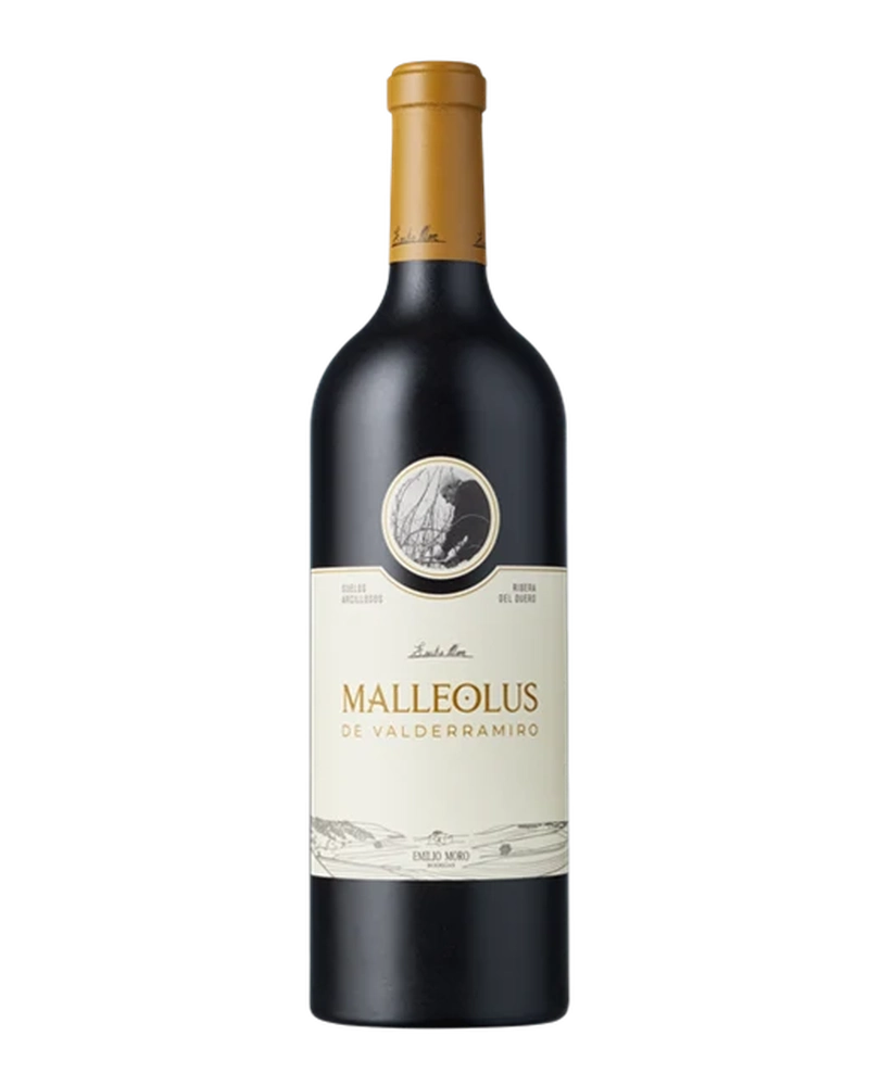 Emilio Moro Malleolus de Valderramiro 2021 Rotwein in Weinflasche, dunkle Trauben und Weinkelch, elegante Weinflasche vor dunklem Hintergrund