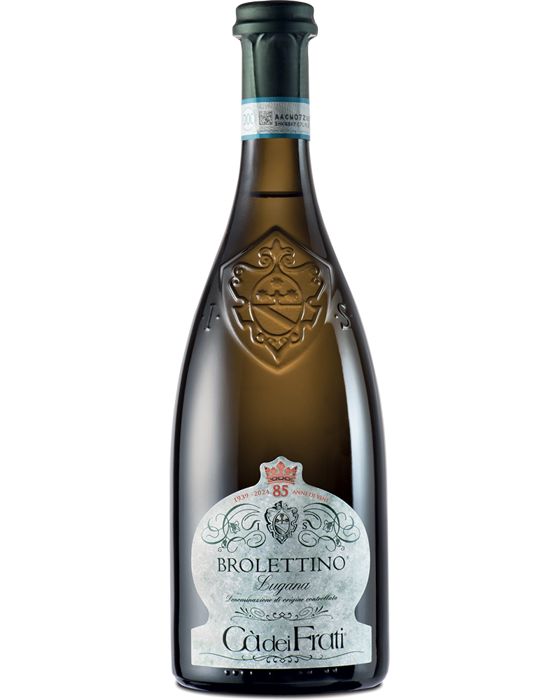Weißwein Brolettino Lugana 2024 von Ca' dei Frati in einem stilvollen Flaschenbild, mit eleganter Etikettgestaltung.