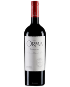 Roter Wein Orma 2023 von Podere Orma, Weinflasche mit elegantem Etikett, auf weißem Hintergrund fotografiert
