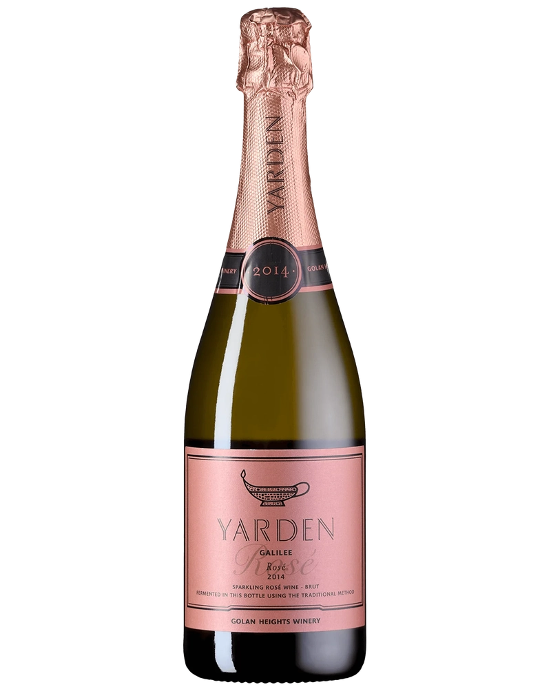 Yarden Brut Rose 2018 Schaumwein in einer eleganten Flasche, mit rosafarbenem Schaumwein und feiner Perlage.